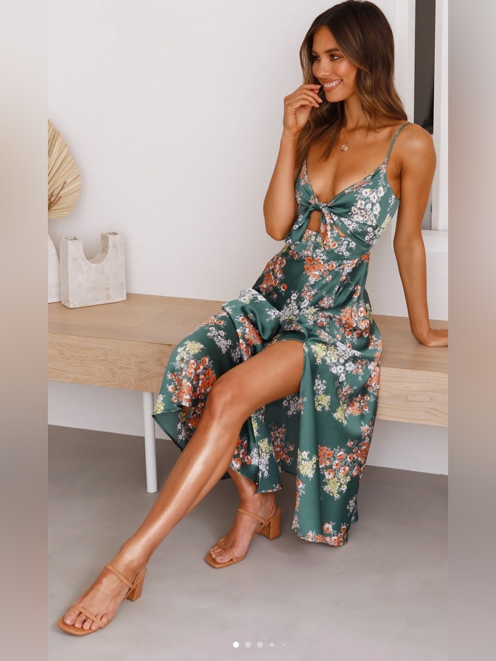 Billy J Green Floral Tie-Front Midi Dress with Side Slit